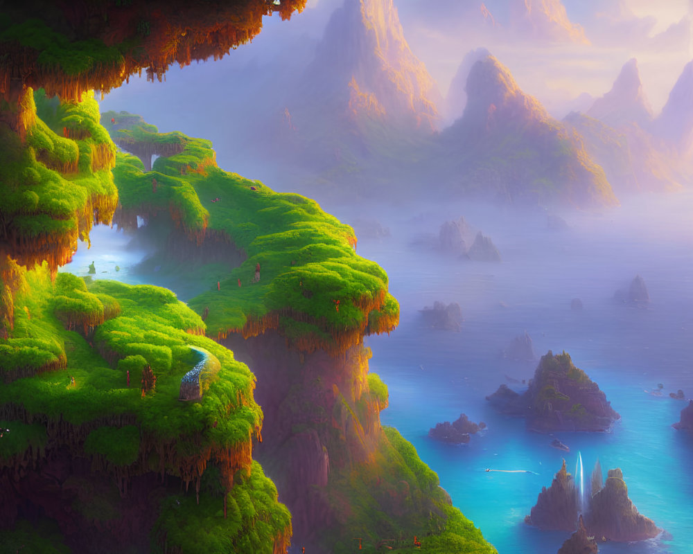 Fantastical landscape with lush green floating islands above mist-covered sea