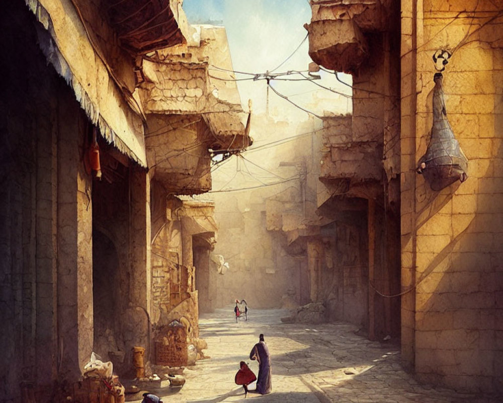 Sunlit Middle Eastern street with hanging lanterns and rustic architecture.