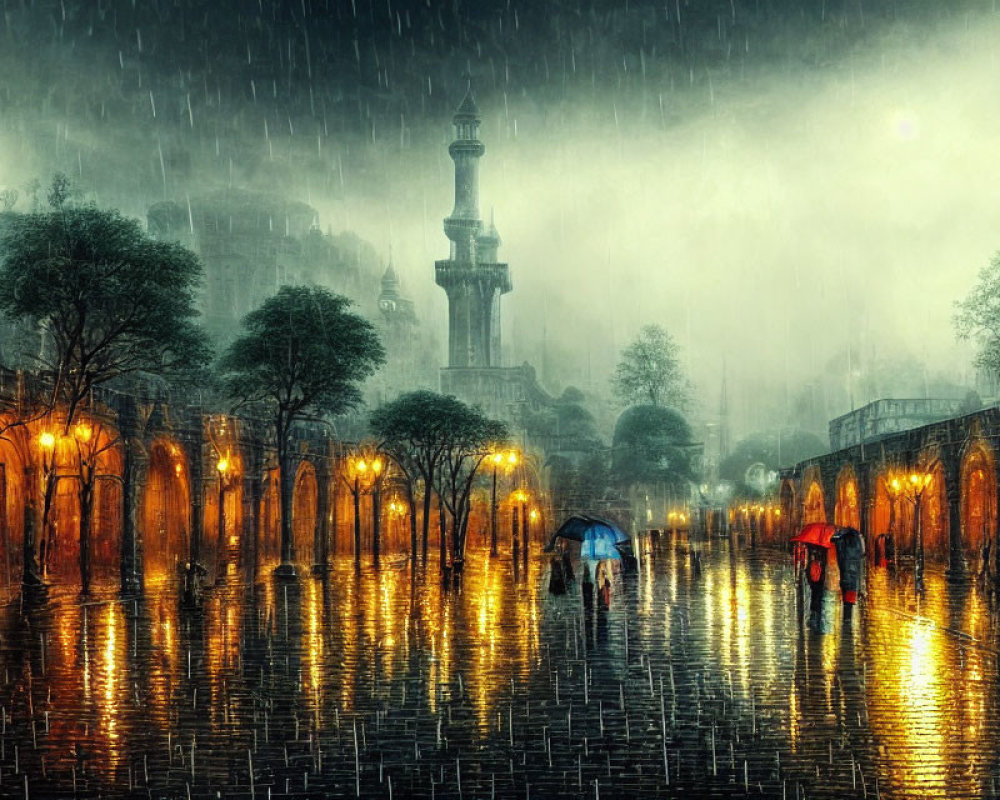 Nighttime Rainy Street Scene with People Holding Umbrellas