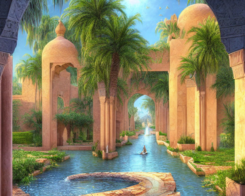 Idyllic river scene with ancient palace and palm trees