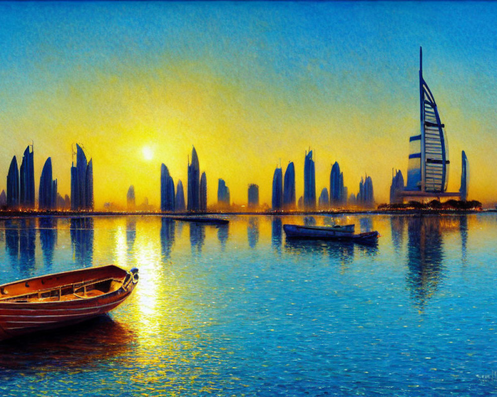 Tranquil city skyline at sunset with iconic buildings and boats reflected in water