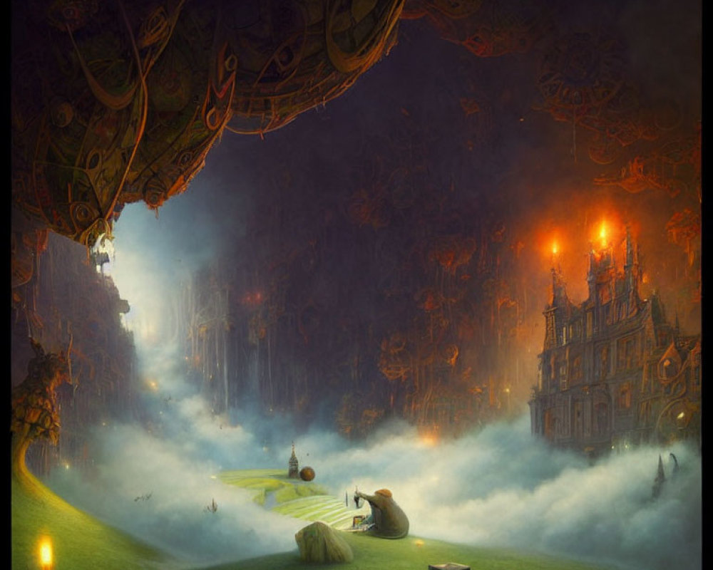 Fantasy landscape with floating structure, glowing castle, misty grounds, and figure with lantern.