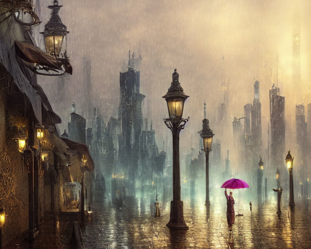 Vintage cityscape with glowing street lamps and person holding purple umbrella on rain-drenched cobblestone street