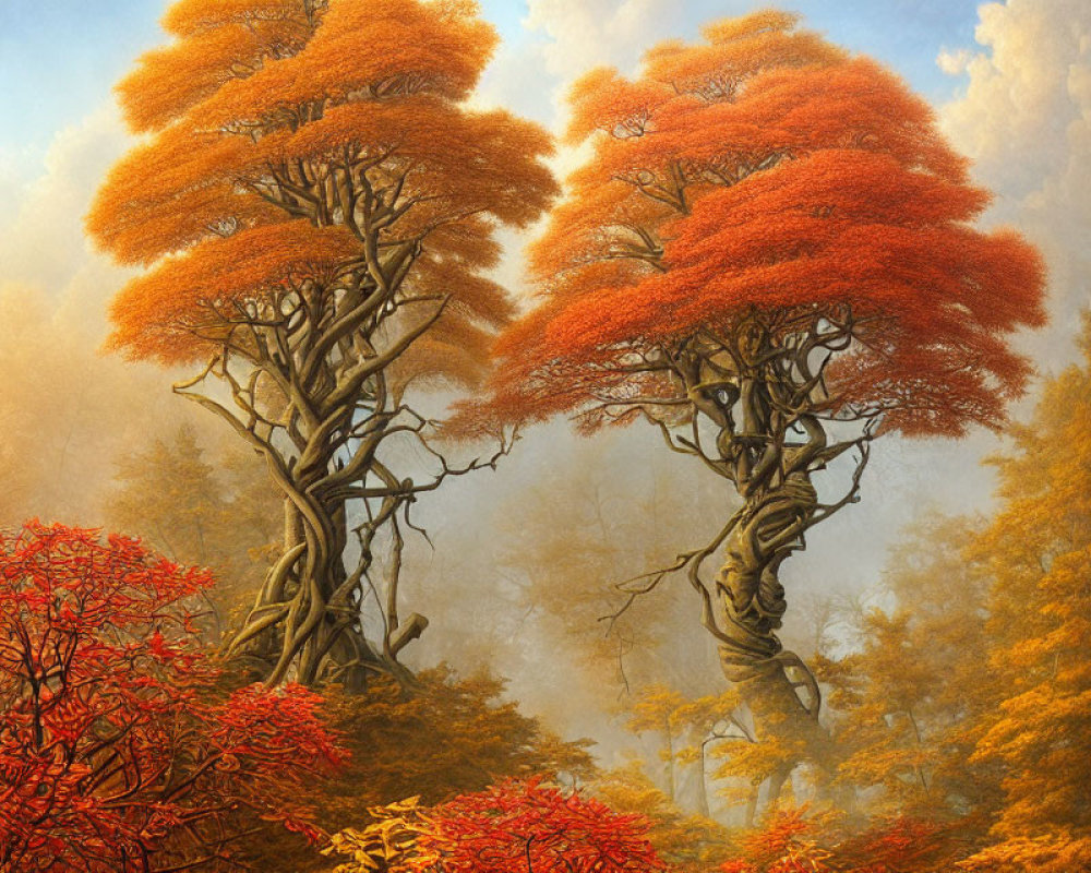 Vibrant autumn forest with twisted orange trees in misty sunlight