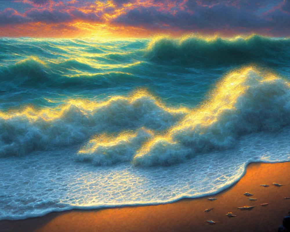 Dramatic sunset seascape with tumultuous waves and sandy shore
