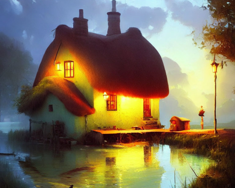 Thatched-roof cottage by serene lake at dusk