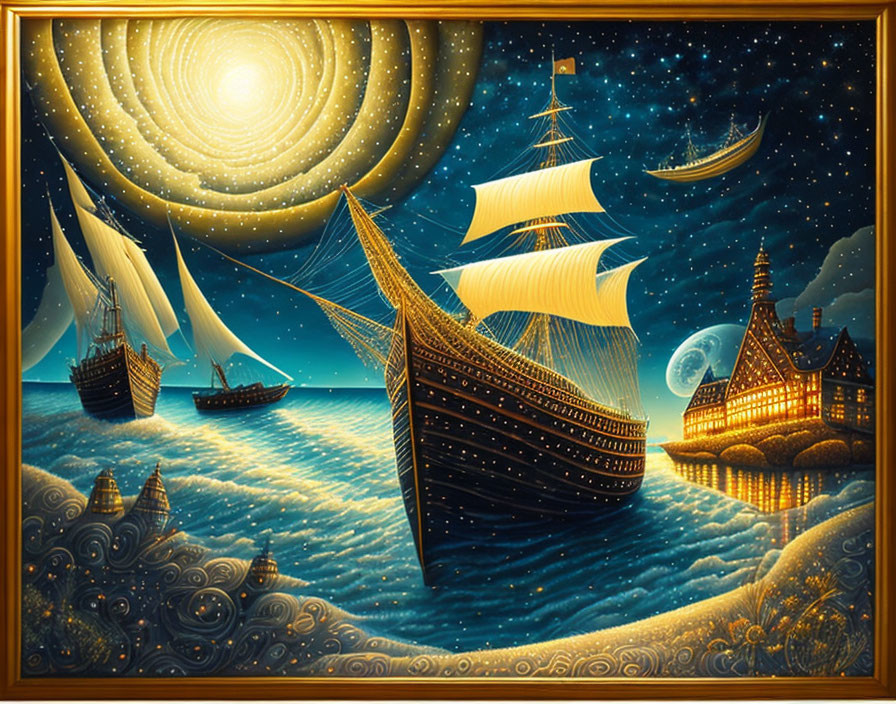 Vintage ships on wavy seas under starry night sky with moon, sun, and illuminated house.
