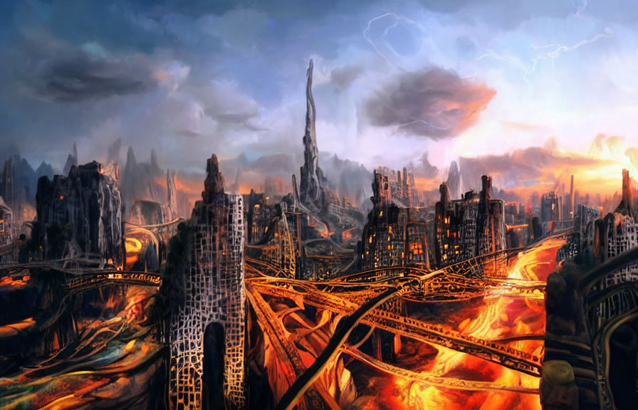 Dystopian cityscape with molten lava, crumbling buildings, and stormy skies