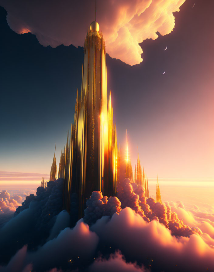 Golden city towering above clouds at sunset with dramatic sky.