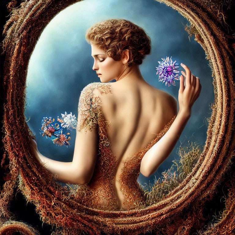 Woman admiring blue flower in circular vine border artwork