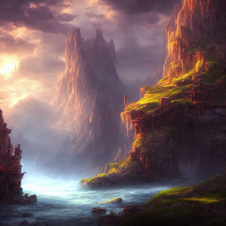 Mystical landscape with towering cliffs, tranquil river, and ancient ruins under warm misty glow