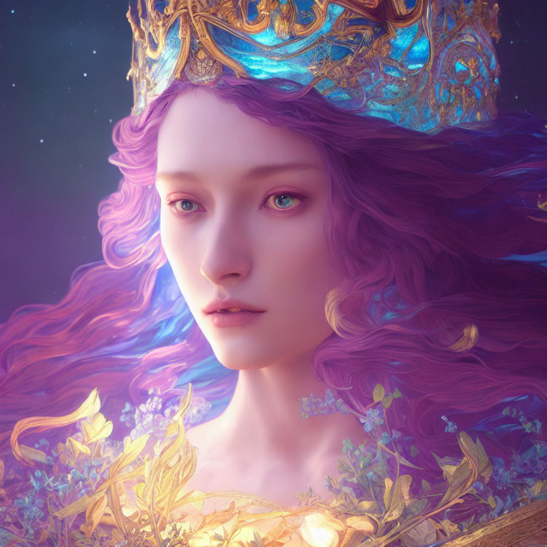 Portrait of woman with violet hair in golden crown and purple aura