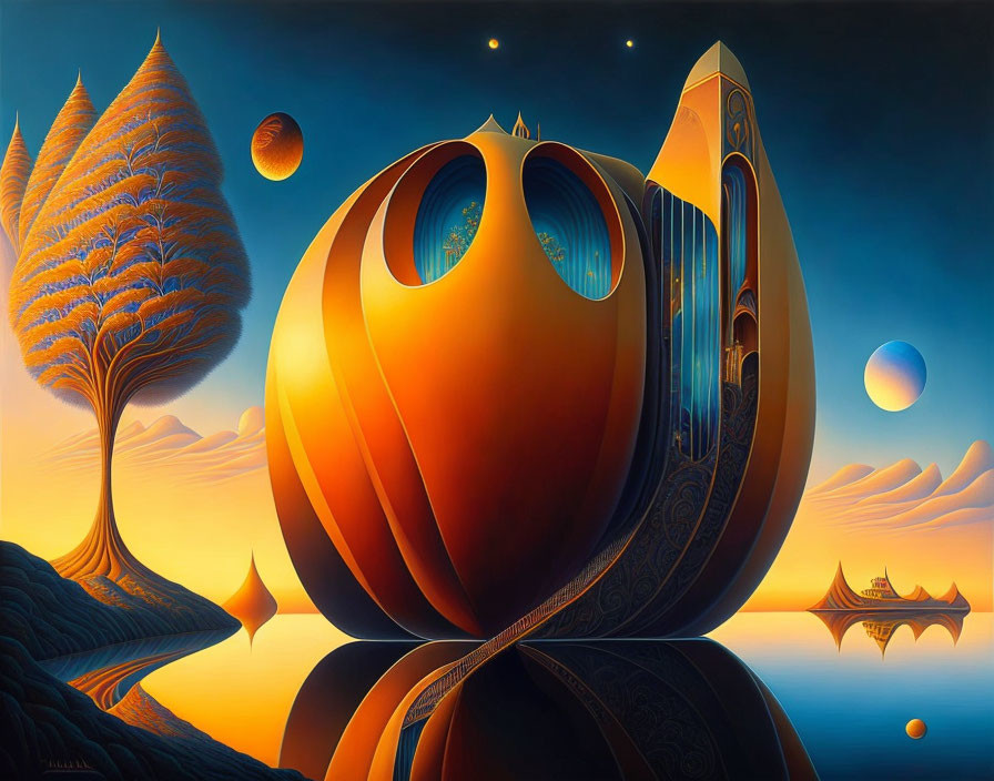 Surreal landscape featuring futuristic orange building, stylized trees, floating orbs, and day-to-night