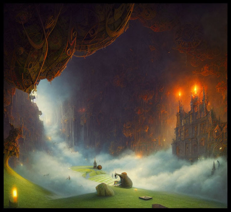 Fantasy landscape with floating structure, glowing castle, misty grounds, and figure with lantern.
