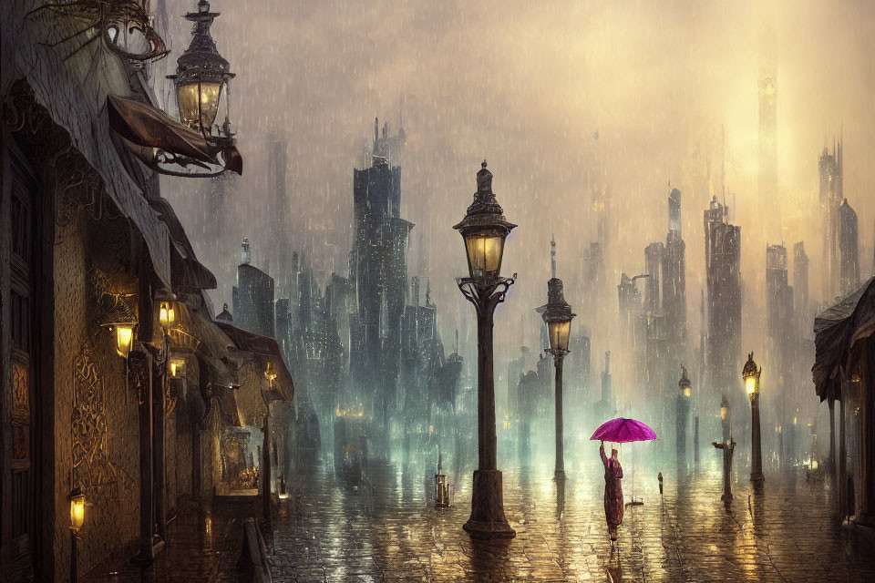 Vintage cityscape with glowing street lamps and person holding purple umbrella on rain-drenched cobblestone street