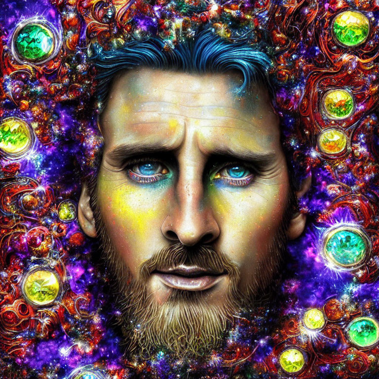 Colorful digital portrait of a man with blue eyes and beard in cosmic setting