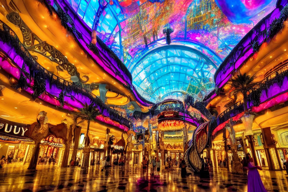 Colorful illuminated ceiling in vibrant shopping mall interior