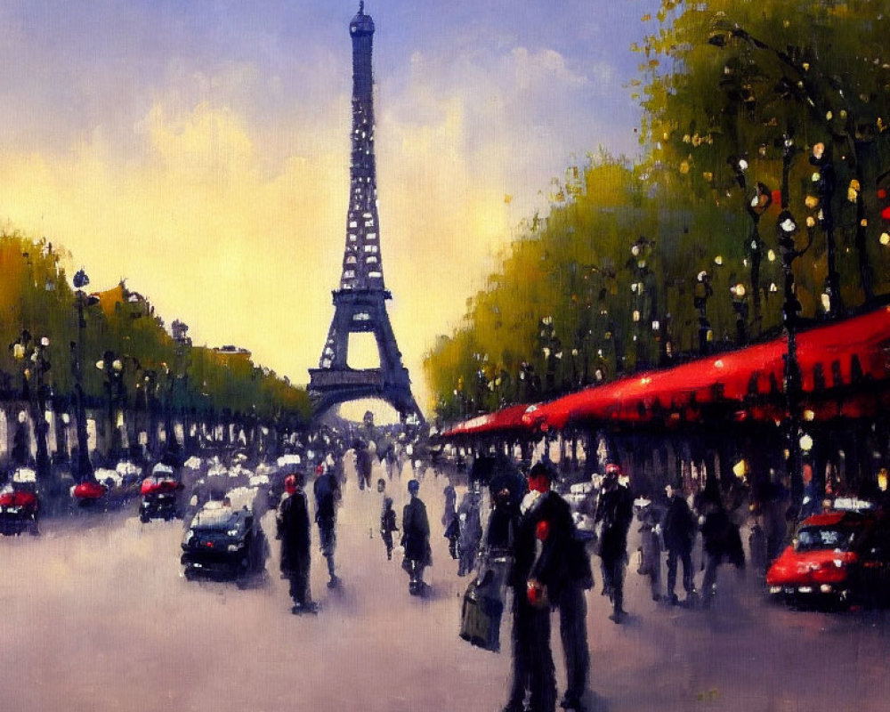 Vibrant Paris street scene with Eiffel Tower, people, cars, and trees