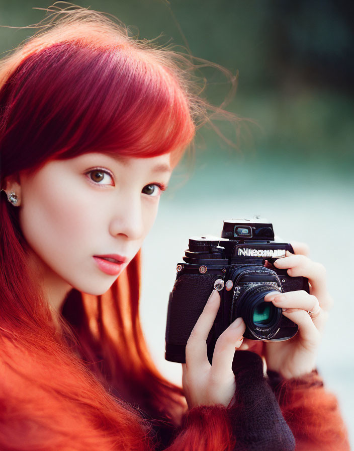 Red-Haired Woman Holding Nikon Camera in Autumn Setting