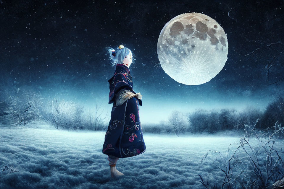 Person in traditional outfit gazes at full moon in snowy landscape