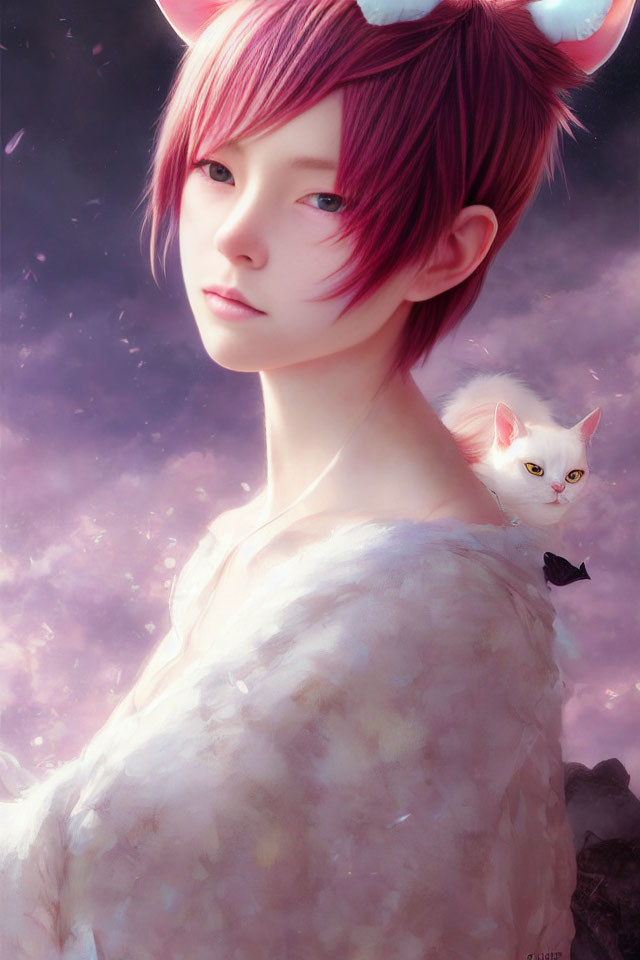 Pink-haired person with horns and white cat in fluffy wrap against pink cloudy sky