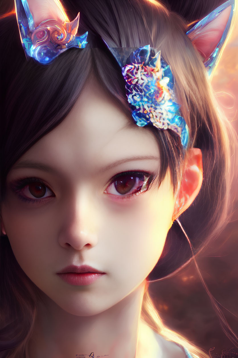 Detailed portrait of fantasy female character with red eyes, wolf ears, and mystical aura