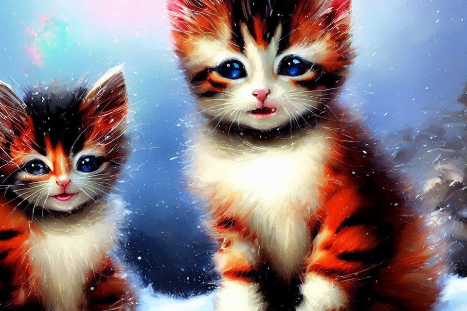 Fluffy Kittens with Unique Fur Patterns in Snowy Setting