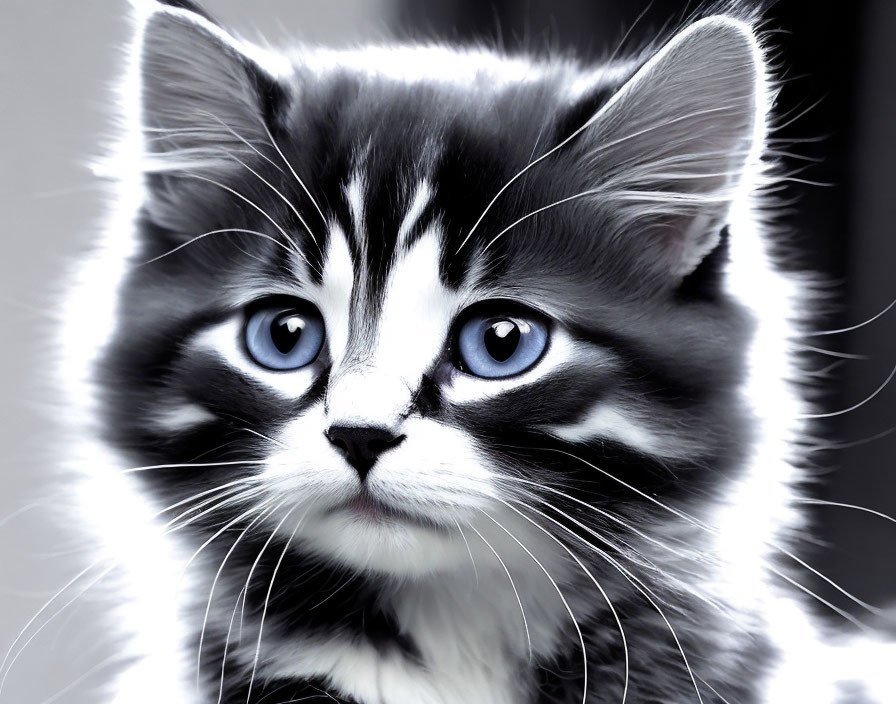 Fluffy black and white kitten with blue eyes and unique facial markings