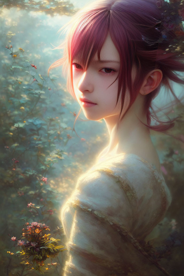 Pink-haired female character in digital art with pensive expression and floral background