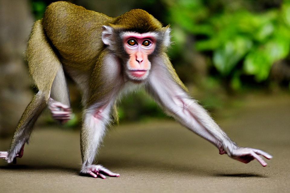Pink-faced monkey with prominent eyes mid-stride against green background