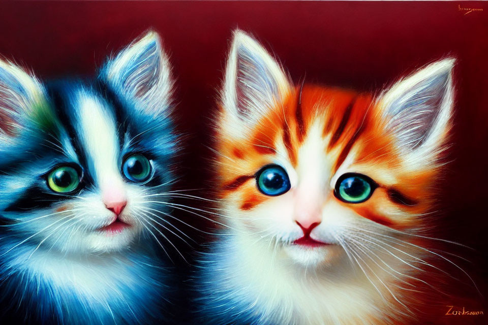 Colorful Cartoonish Kittens on Red Background