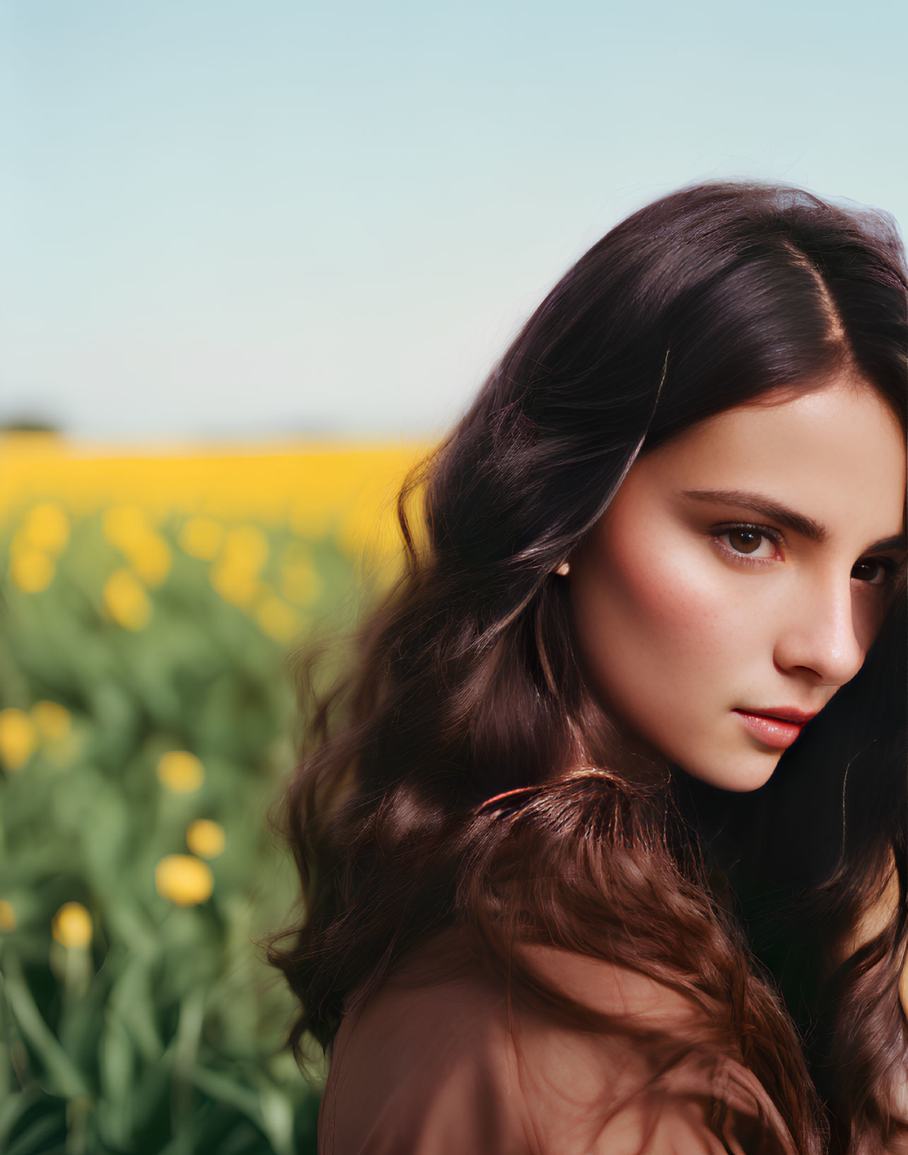 Brown-haired woman in yellow flower field gazing back peacefully