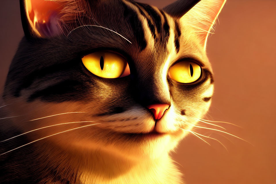 Detailed 3D-rendered tabby cat with yellow eyes and fur under warm lighting