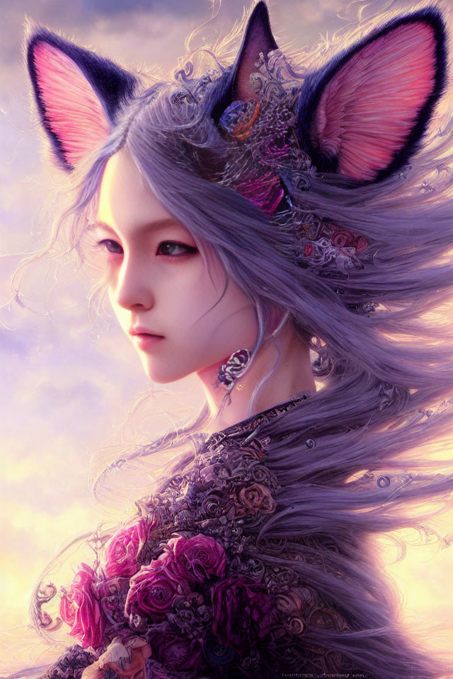 Fantasy character with fox ears, red eyes, gray hair, and floral outfit.