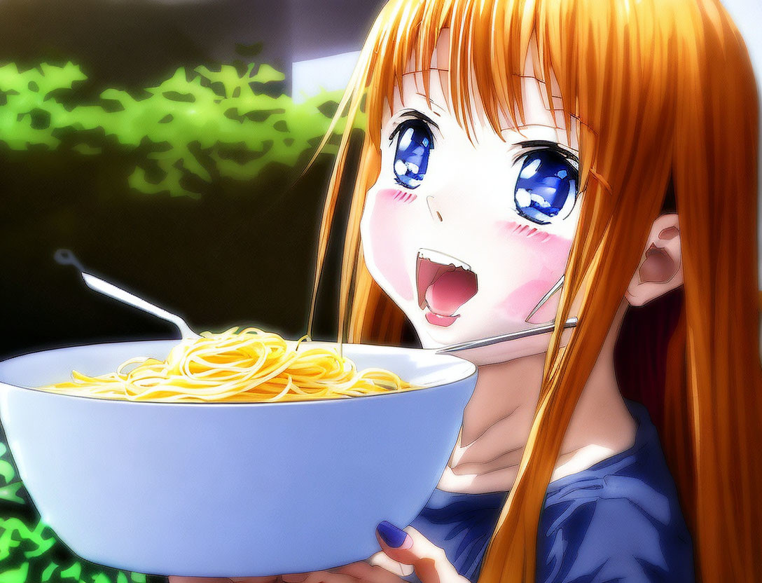 Anime girl eating noodles