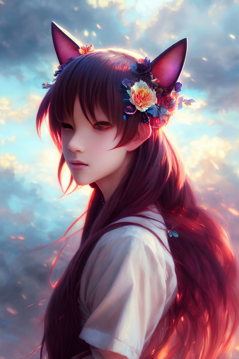 Digital artwork: Person with red hair, fox ears, floral headband, red eyes in dreamy