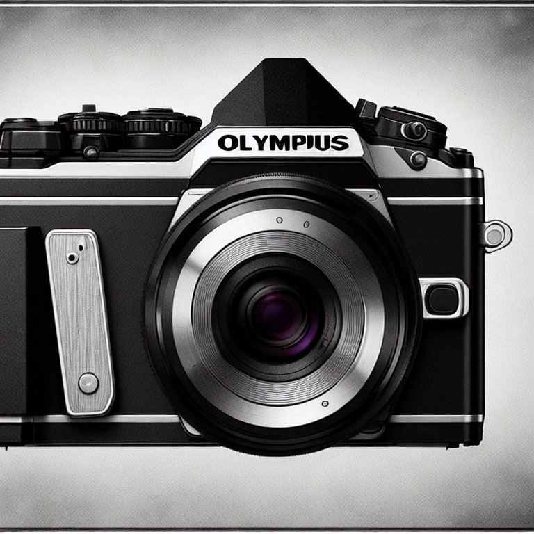 Vintage Olympus Camera with Prominent Lens and Detailed Textures on Gray Background