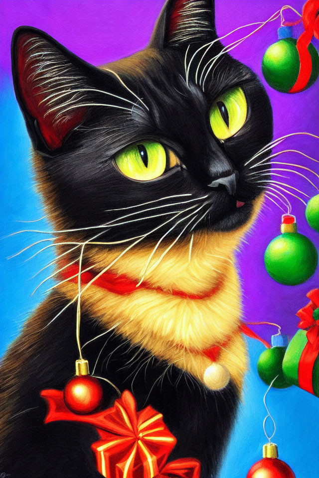 Colorful Christmas-themed painting featuring a black cat with yellow eyes and red collar