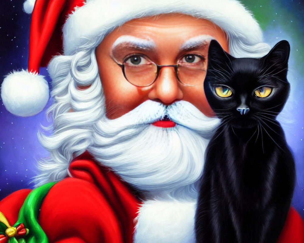 Realistic Santa Claus with Black Cat on Cosmic Background