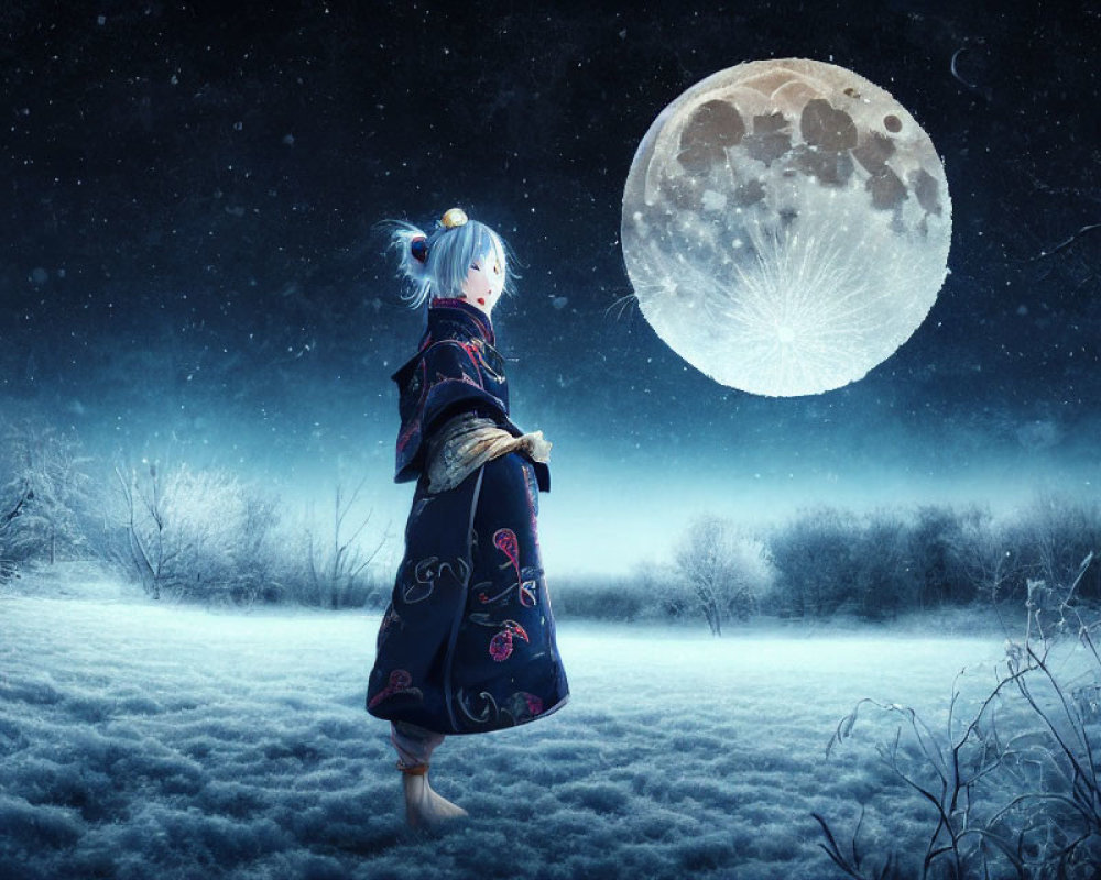 Person in traditional outfit gazes at full moon in snowy landscape