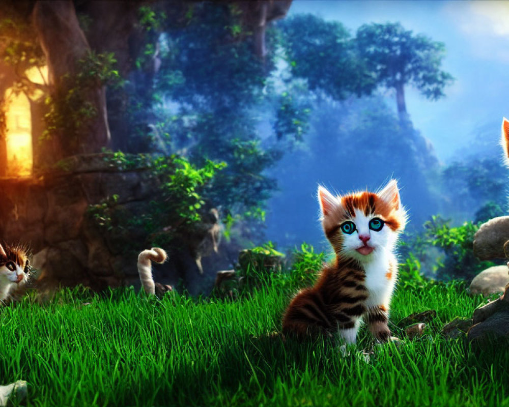 Three animated kittens in lush, mystical forest with vibrant greenery