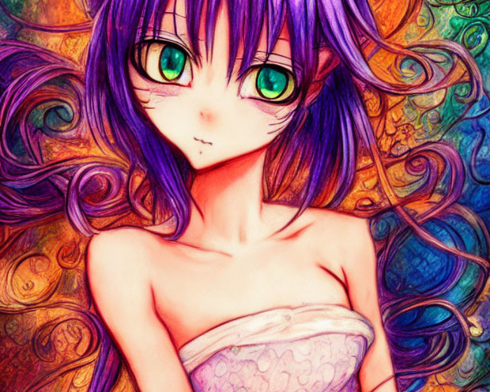 Female character with purple cat ears and hair in strapless dress on colorful abstract background