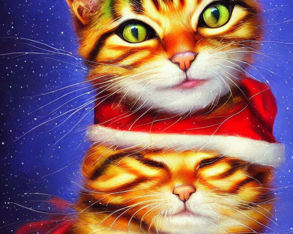 Colorful Illustration of Two Cats in Santa Hat on Starry Night Background