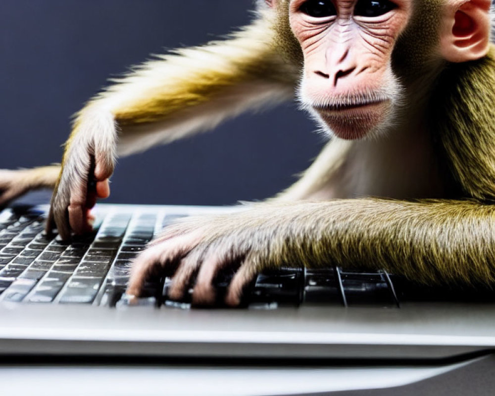 Monkey typing on laptop keyboard symbolizing intelligence