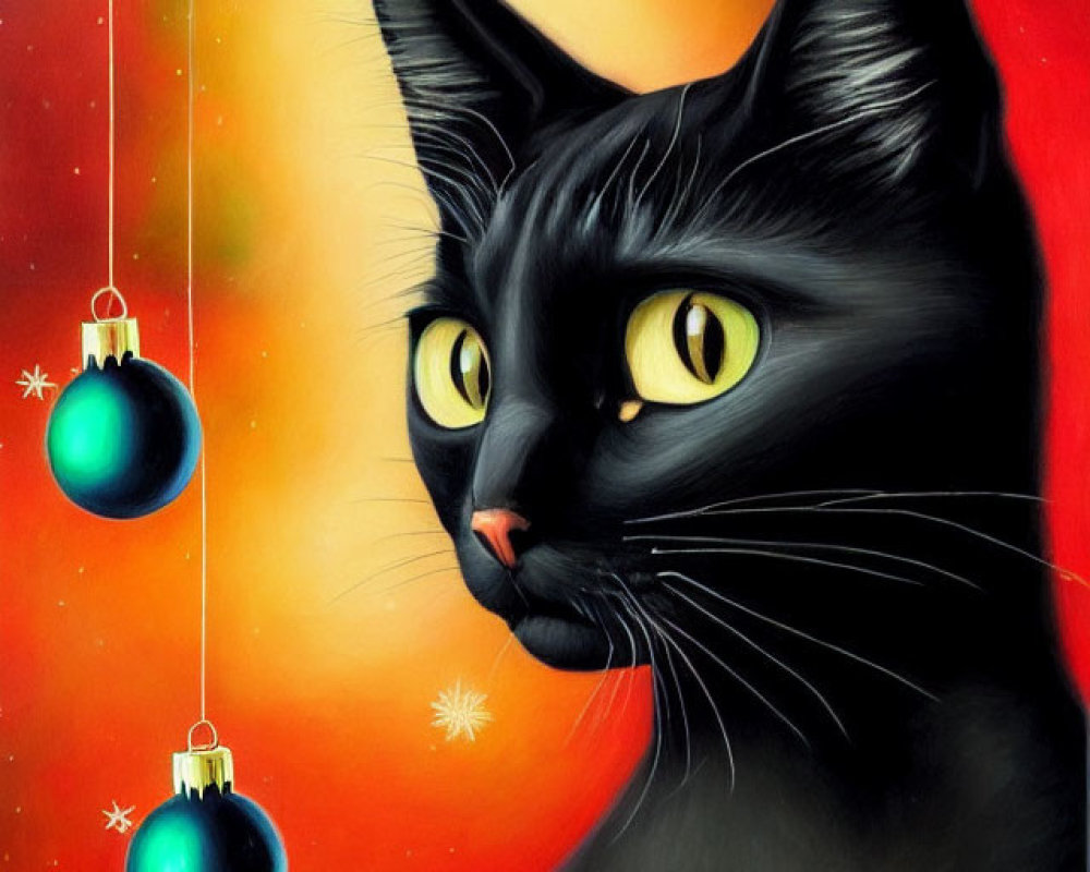 Black Cat with Yellow Eyes in Festive Christmas Scene
