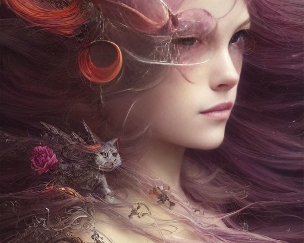 Fantastical portrait of woman with purple hair, flowers, cat, and armor-like patterns