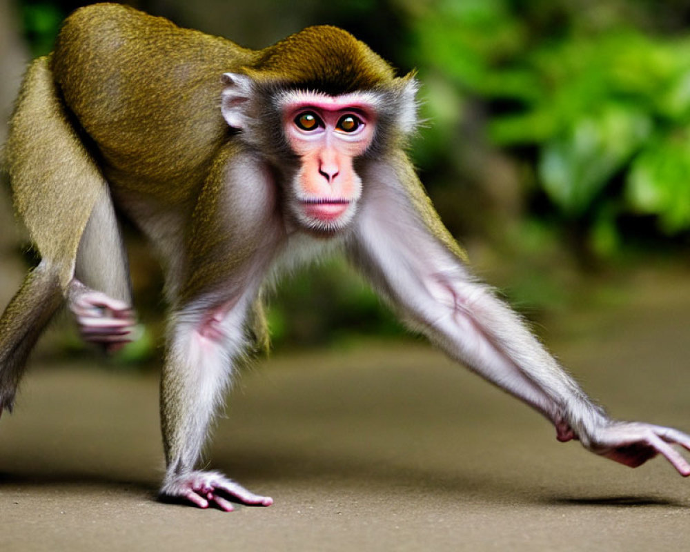 Pink-faced monkey with prominent eyes mid-stride against green background
