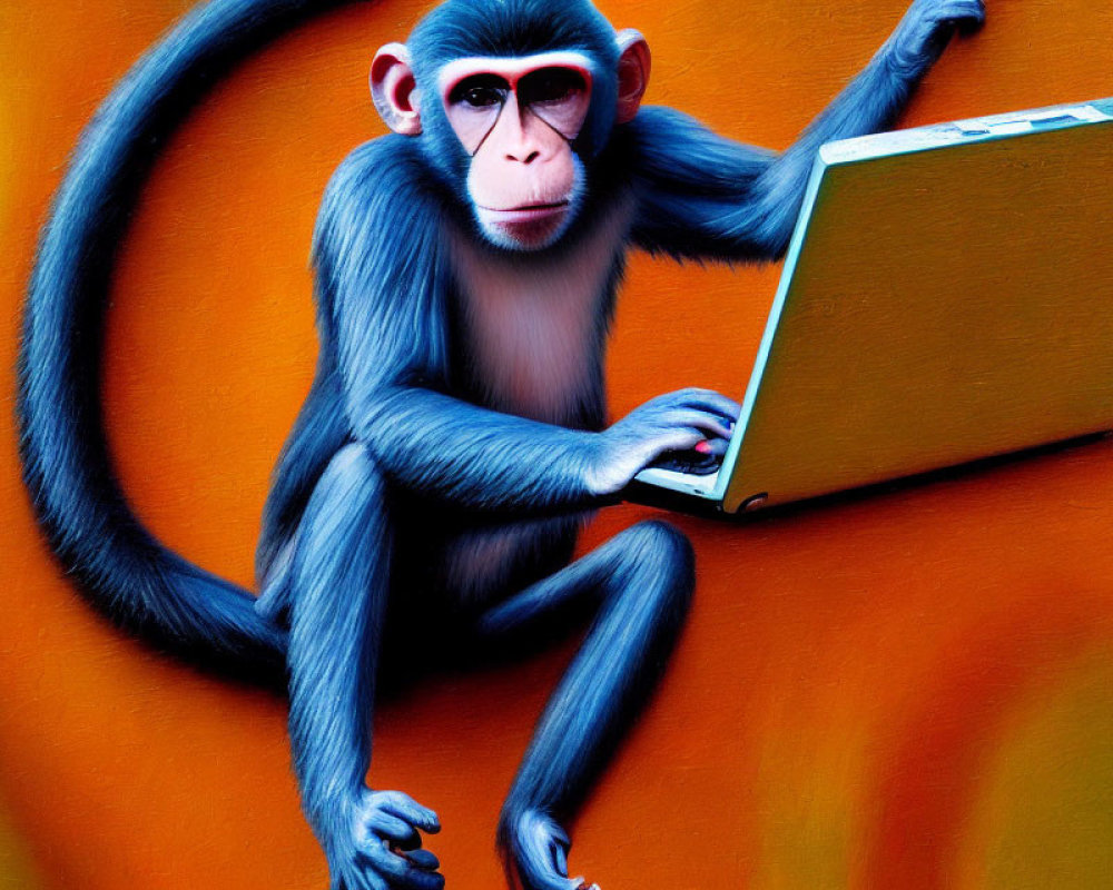 Digitally manipulated monkey with human-like features using laptop on orange background