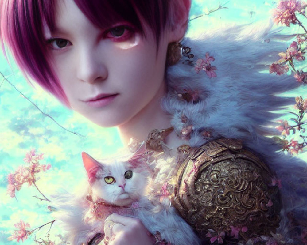 Purple-haired person in ornate armor with cats and cherry blossoms.