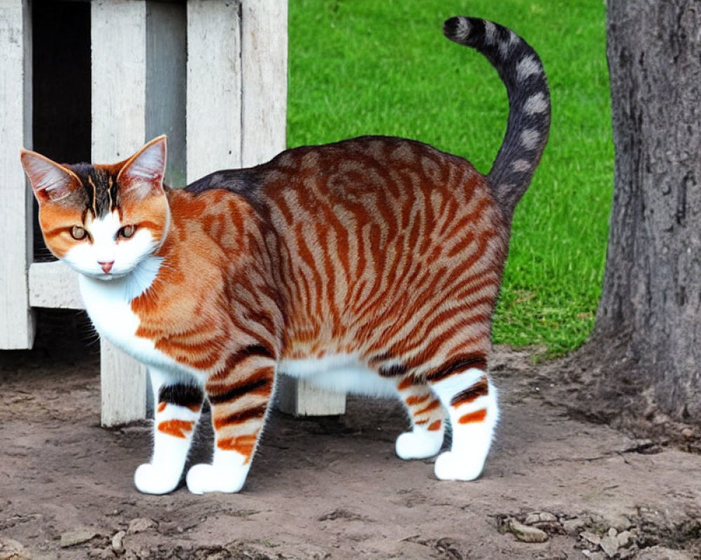 Orange Tabby Cat with White Paws and Chest Next to Wooden Structure